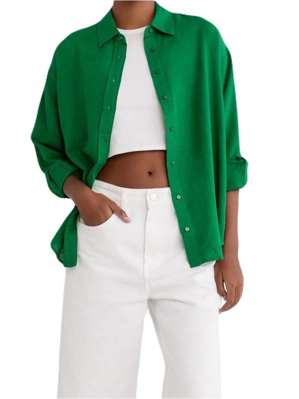 stradivarius Linen blend Overdized  Green Button Down Shirt